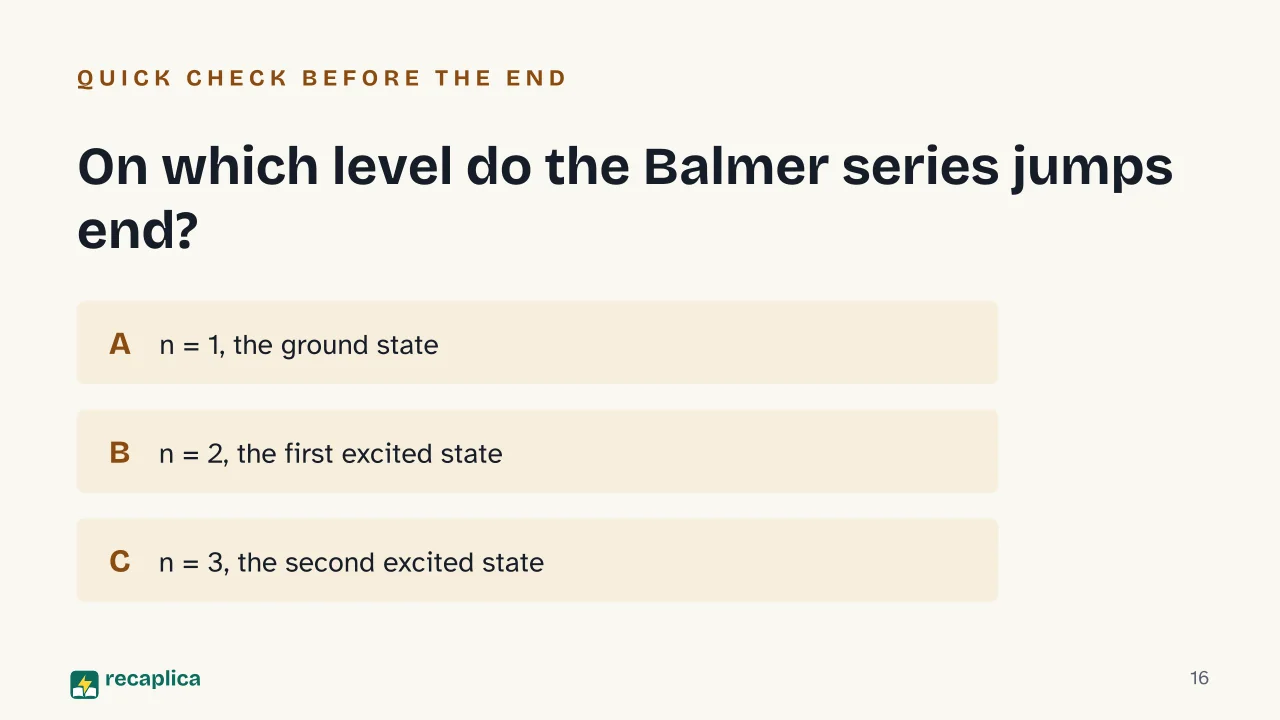 Slide 16 of the presentation on Bohr Model of the Atom Explained: On which level do the Balmer series jumps end?