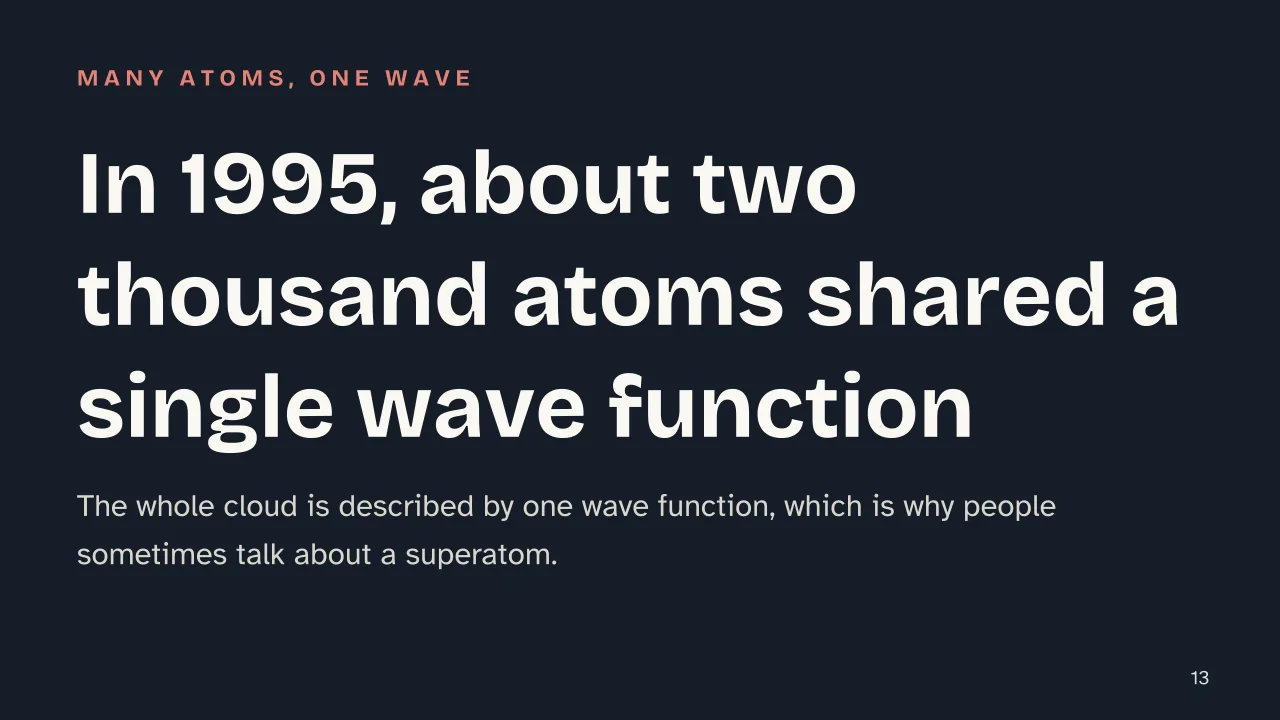 Slide 13 of the presentation on Bose-Einstein Condensate: In 1995, about two thousand atoms shared a single wave function