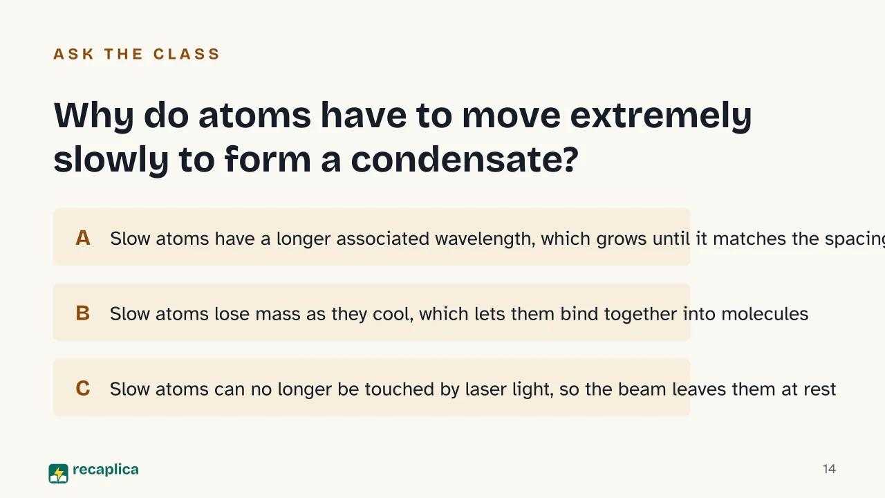 Slide 14 of the presentation on Bose-Einstein Condensate: Why do atoms have to move extremely slowly to form a condensate?