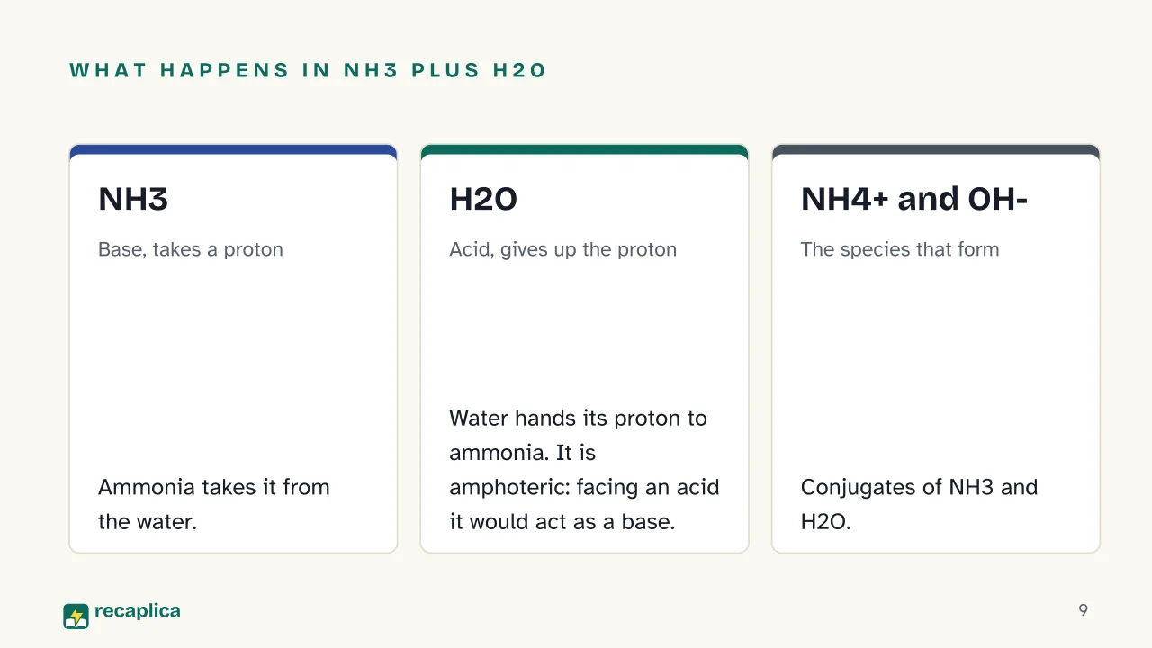 Slide 9 of the presentation on Brønsted-Lowry theory: What happens in NH3 plus H2O: NH3, H2O, NH4+ and OH-
