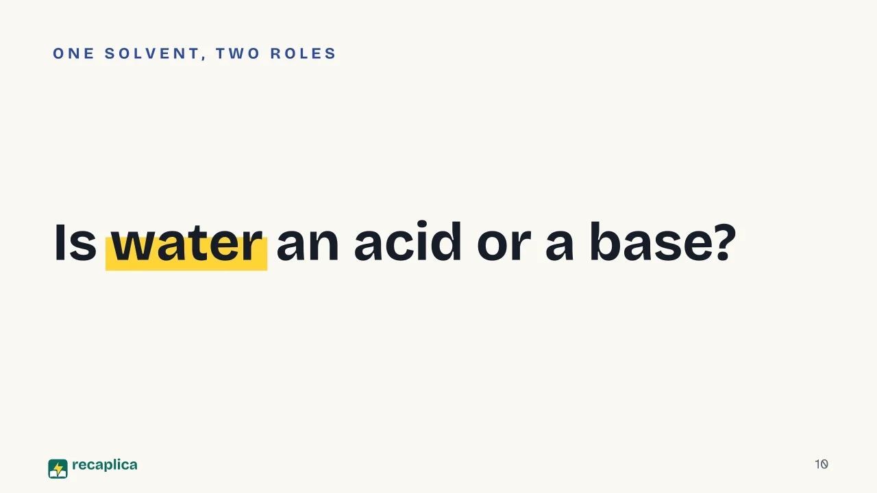 Slide 10 of the presentation on Brønsted-Lowry theory: Is water an acid or a base?