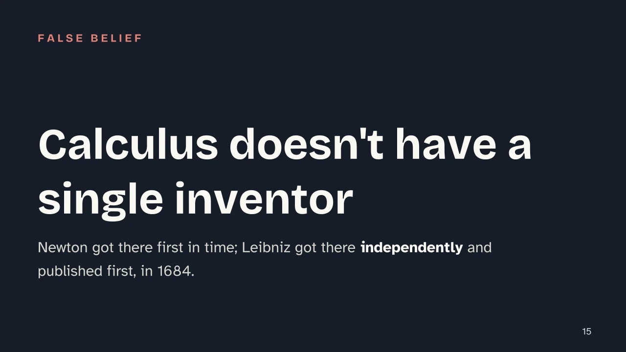 Slide 15 of the presentation on Calculus: Calculus doesn't have a single inventor