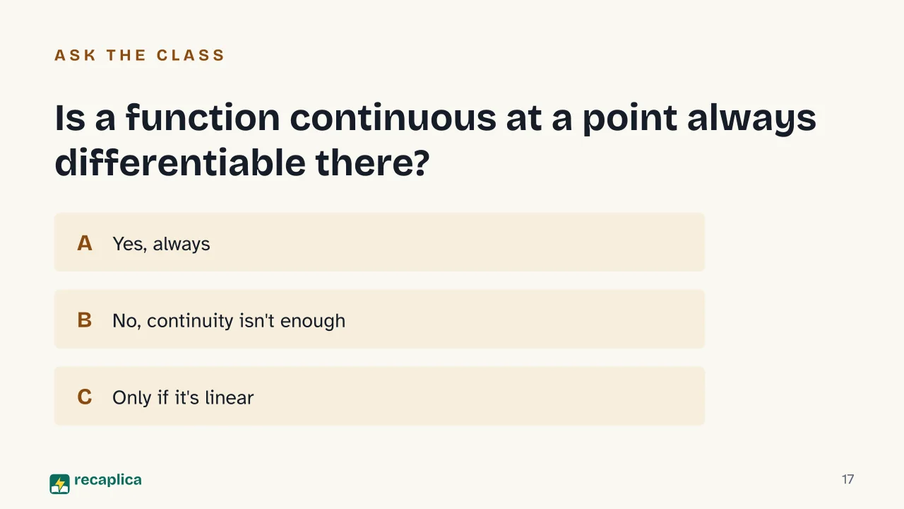 Slide 17 of the presentation on Calculus: Is a function continuous at a point always differentiable there?