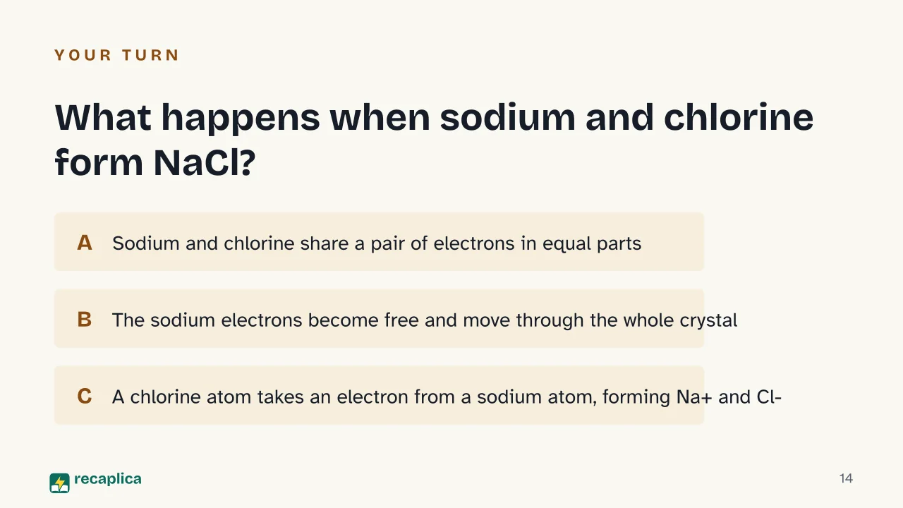 Slide 14 of the presentation on Chemical Bonds: What happens when sodium and chlorine form NaCl?