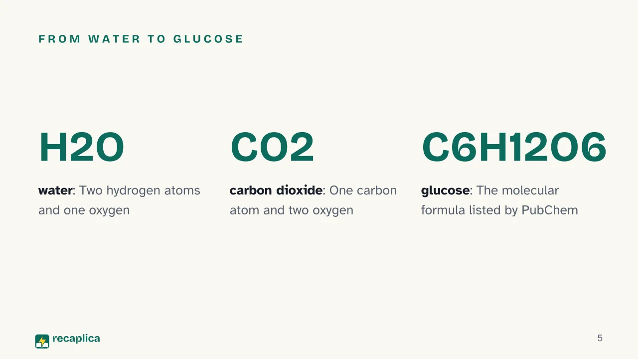 Slide 5 of the presentation on Chemical Formula: From water to glucose