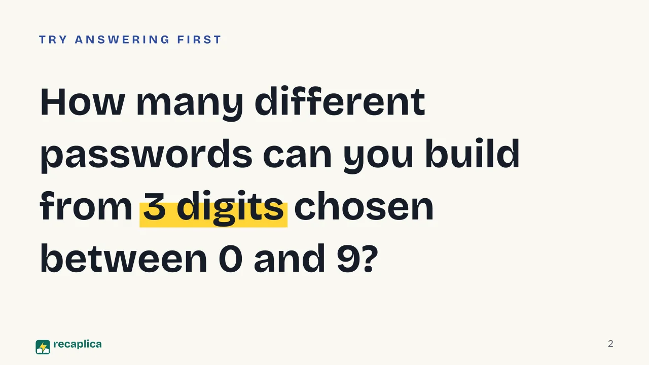Slide 2 of the presentation on Combinatorics: How many different passwords can you build from 3 digits chosen between 0 and 9?