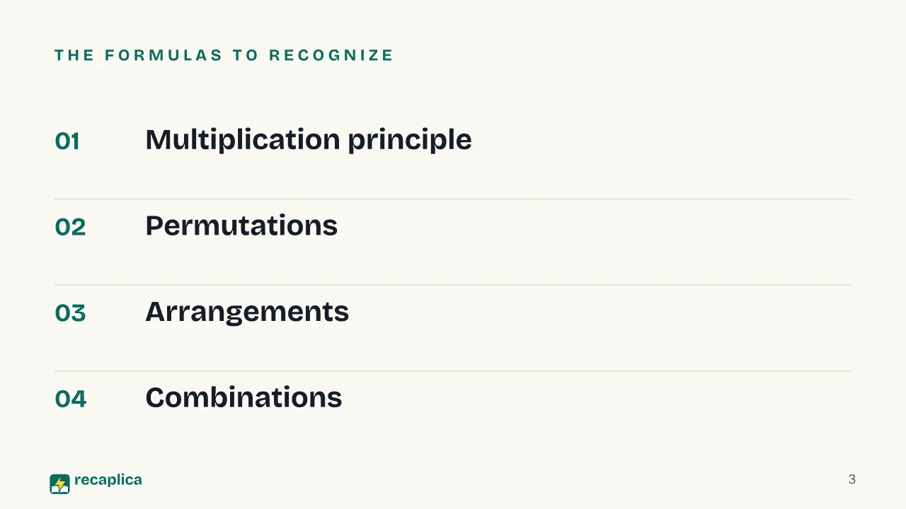 Slide 3 of the presentation on Combinatorics: The formulas to recognize