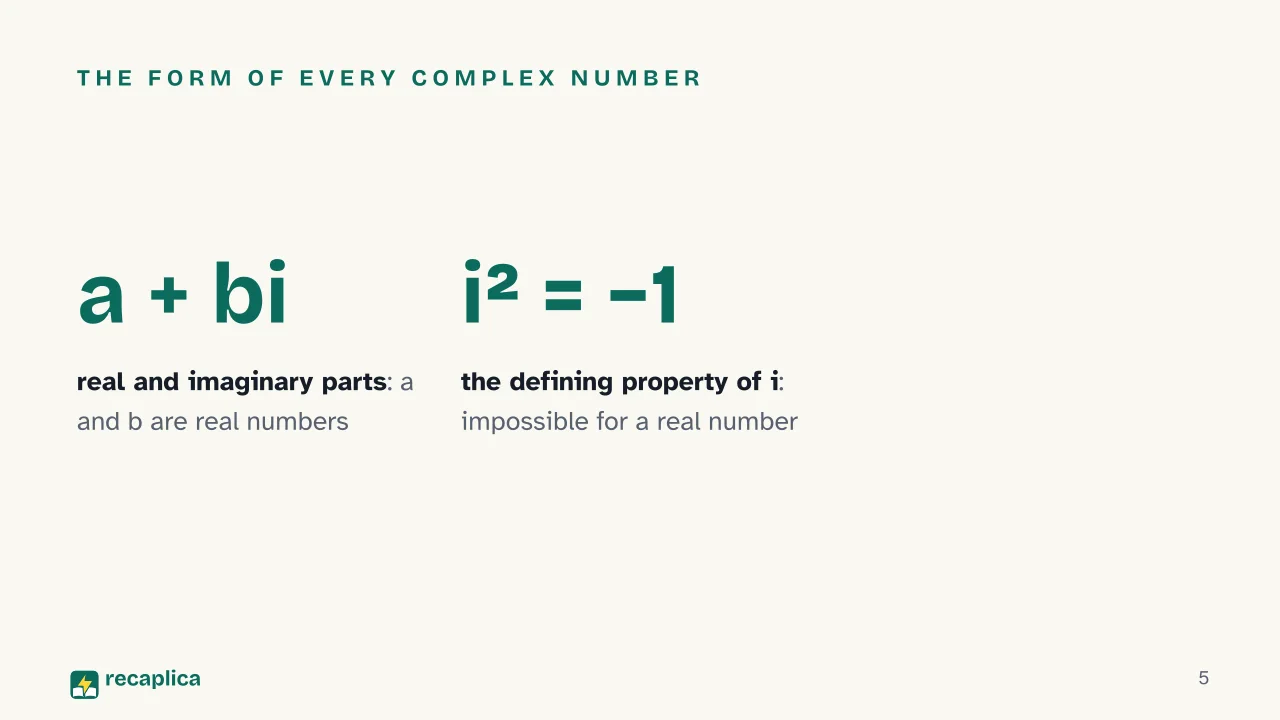 Slide 5 of the presentation on Complex Numbers: The form of every complex number