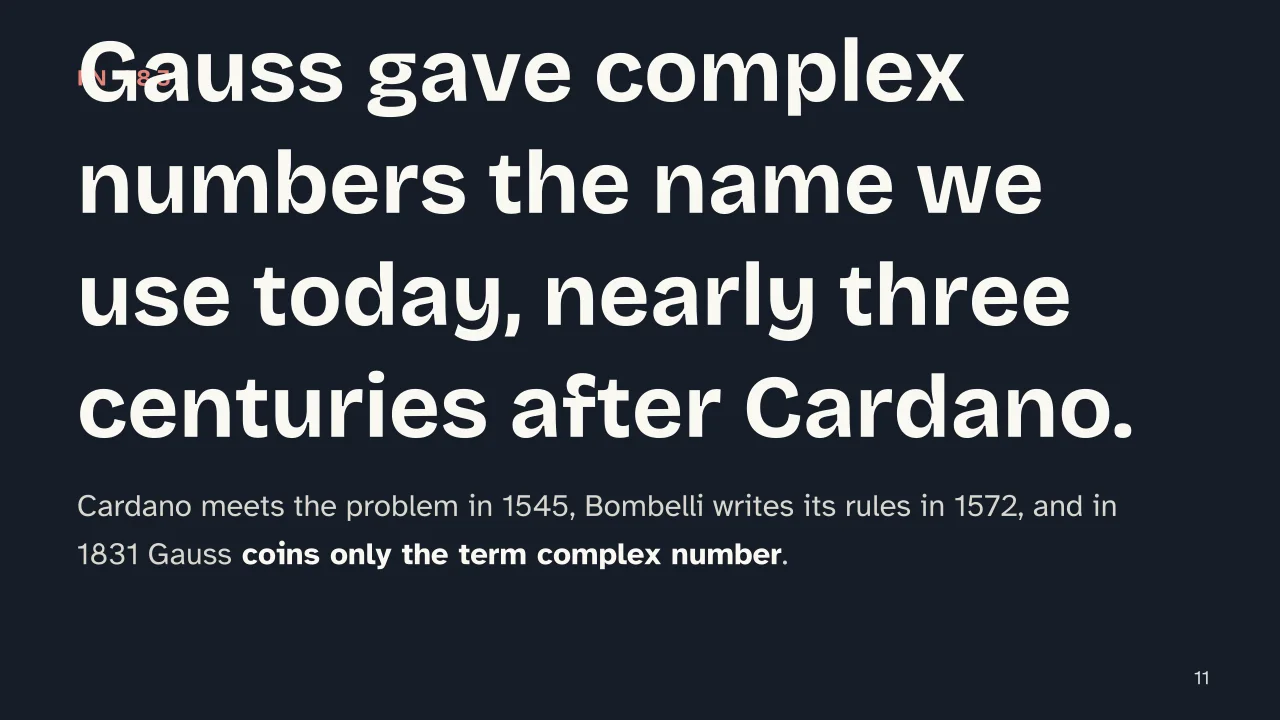 Slide 11 of the presentation on Complex Numbers: Gauss gave complex numbers the name we use today, nearly three centuries after Cardano.