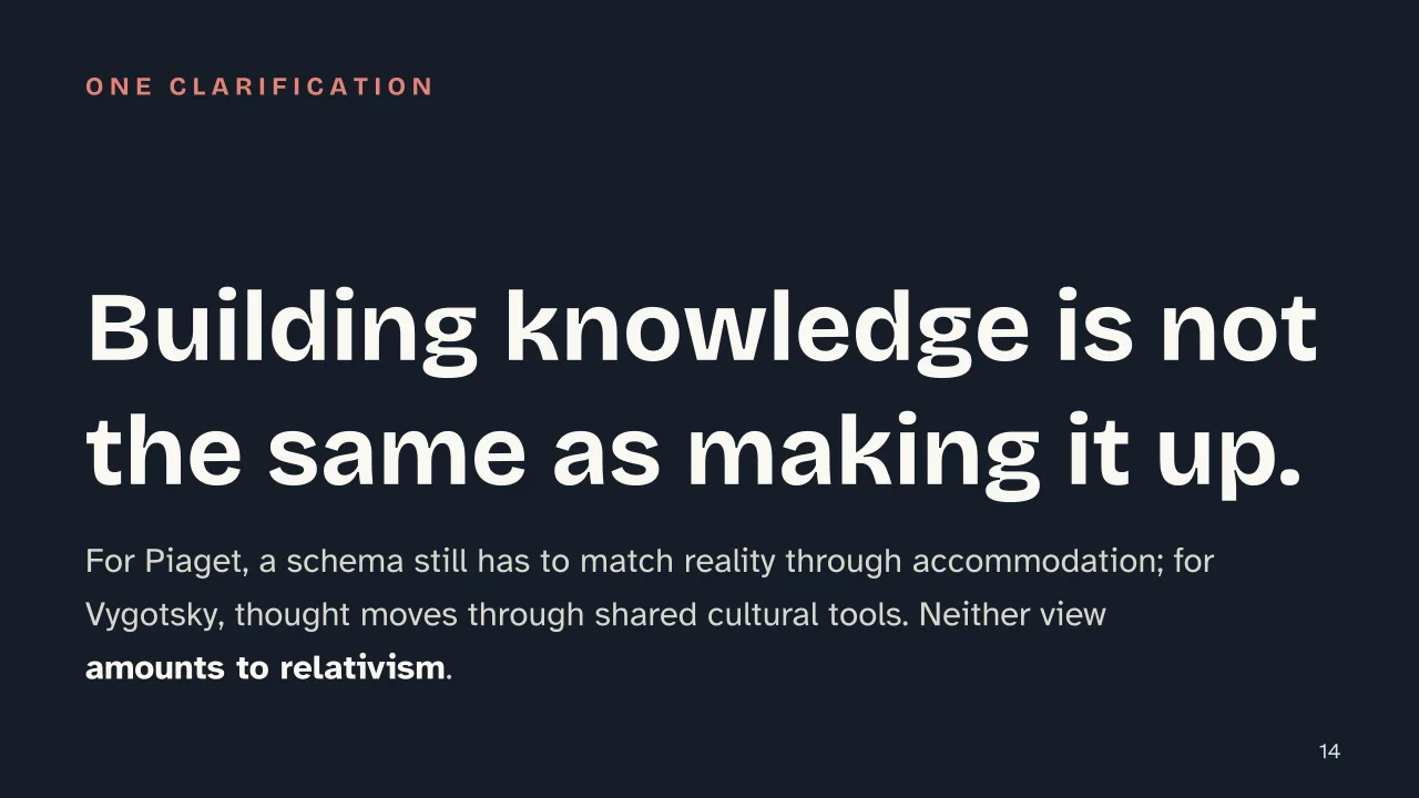 Slide 14 of the presentation on Constructivism: Building knowledge is not the same as making it up.