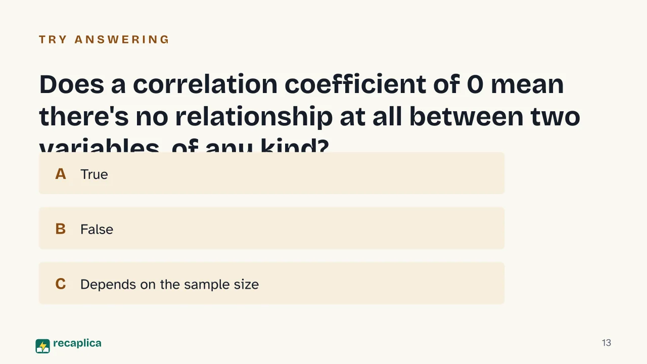 Slide 13 of the presentation on Correlation: Does a correlation coefficient of 0 mean there's no relationship at all between two variables, of any kind?