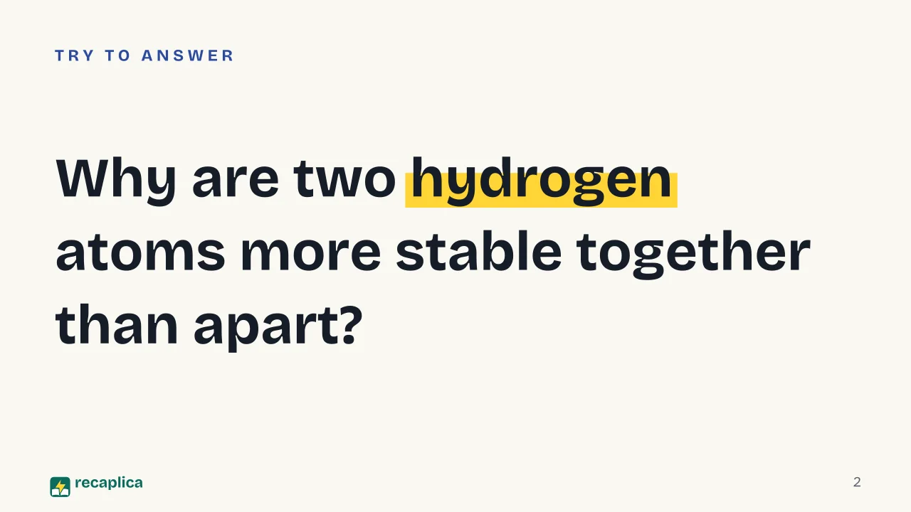 Slide 2 of the presentation on Covalent Bond: Why are two hydrogen atoms more stable together than apart?