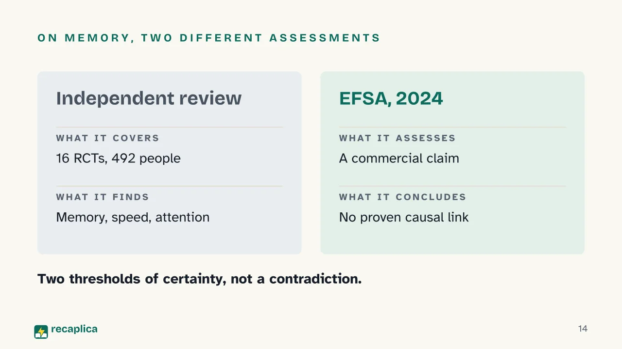 Slide 14 of the presentation on Creatine: On memory, two different assessments