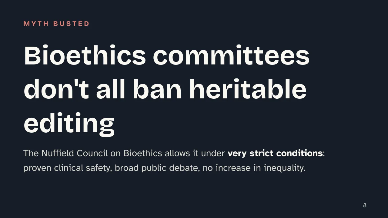 Slide 8 of the presentation on CRISPR: Bioethics committees don't all ban heritable editing