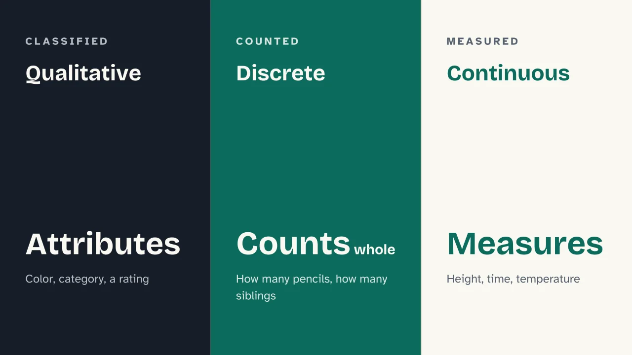 Slide 9 of the presentation on Descriptive Statistics: Qualitative · Discrete · Continuous