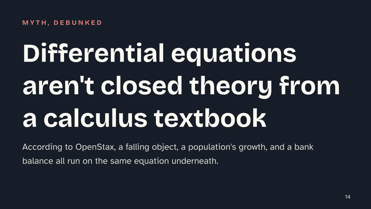 Slide 14 of the presentation on Differential Equations: Differential equations aren't closed theory from a calculus textbook