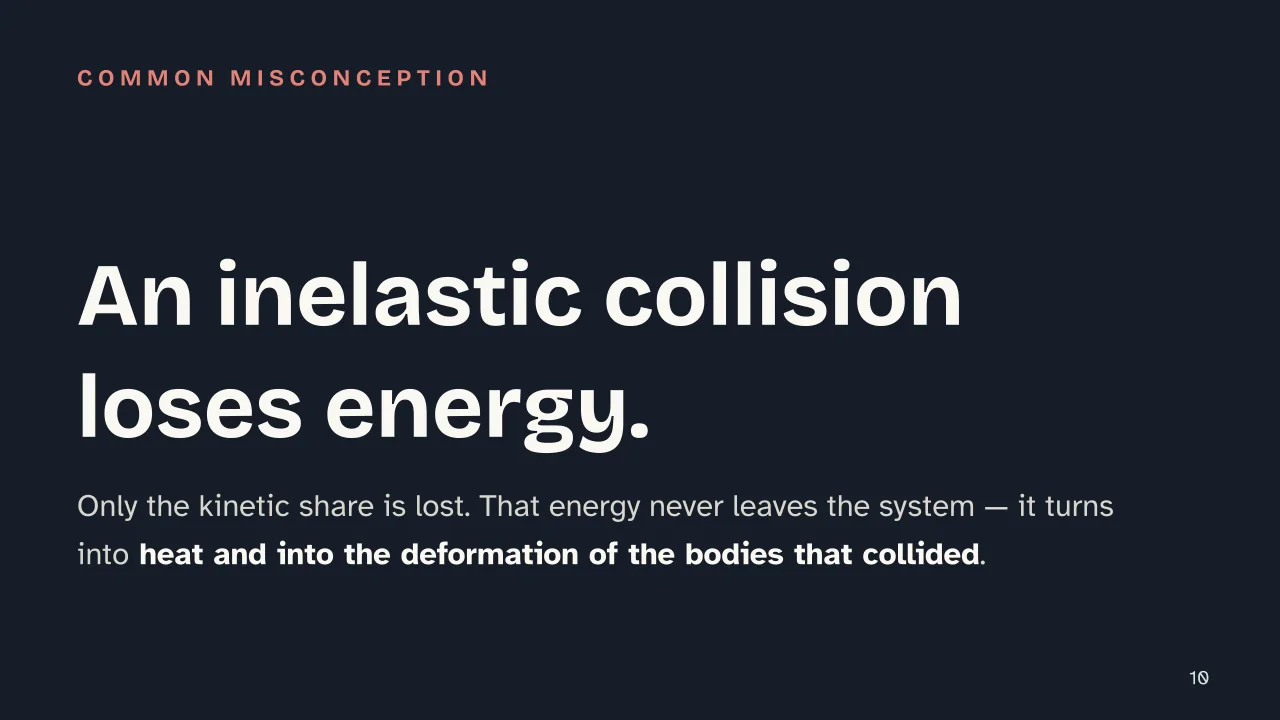 Slide 10 of the presentation on Elastic Collision vs. Inelastic Collision: An inelastic collision loses energy.