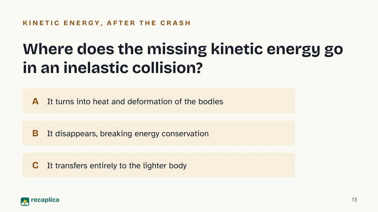 Slide 13 of the presentation on Elastic Collision vs. Inelastic Collision: Where does the missing kinetic energy go in an inelastic collision?