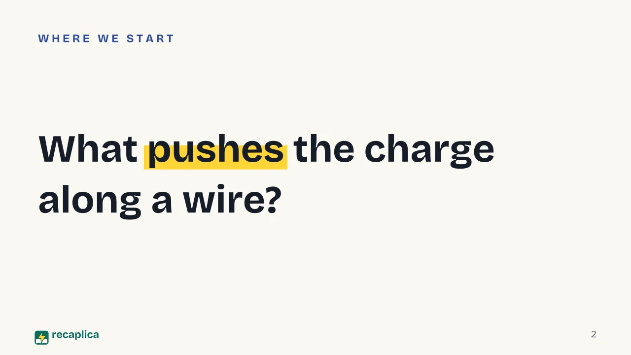Slide 2 of the presentation on Electric Current: What pushes the charge along a wire?