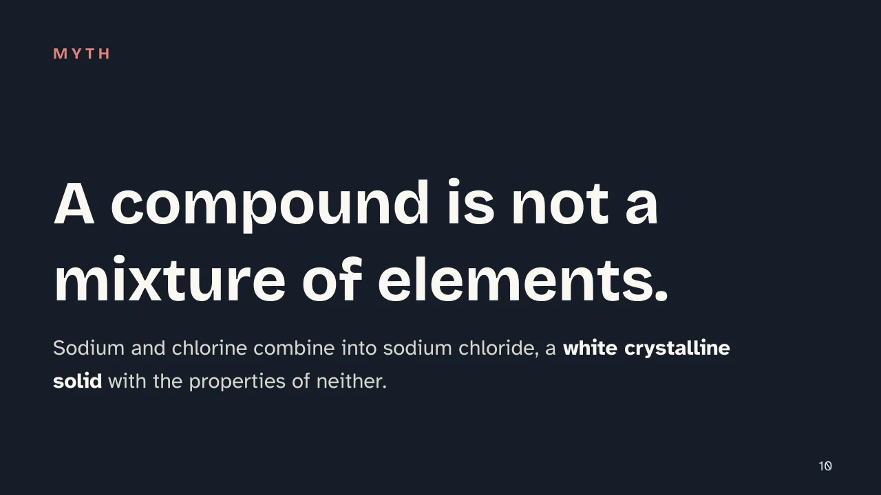 Slide 10 of the presentation on Elements, Compounds and Mixtures: A compound is not a mixture of elements.