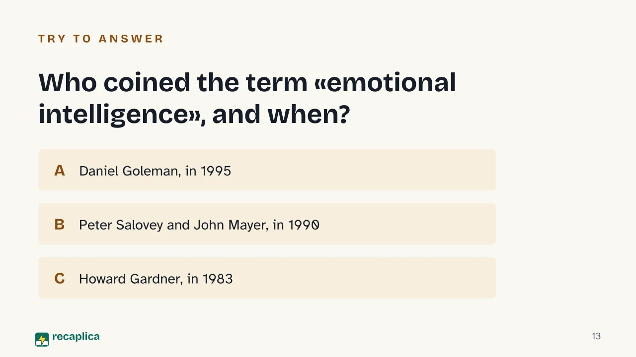 Slide 13 of the presentation on Emotional Intelligence: Who coined the term «emotional intelligence», and when?