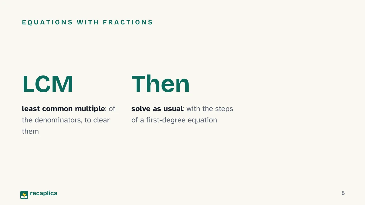 Slide 8 of the presentation on Equation: Equations with fractions