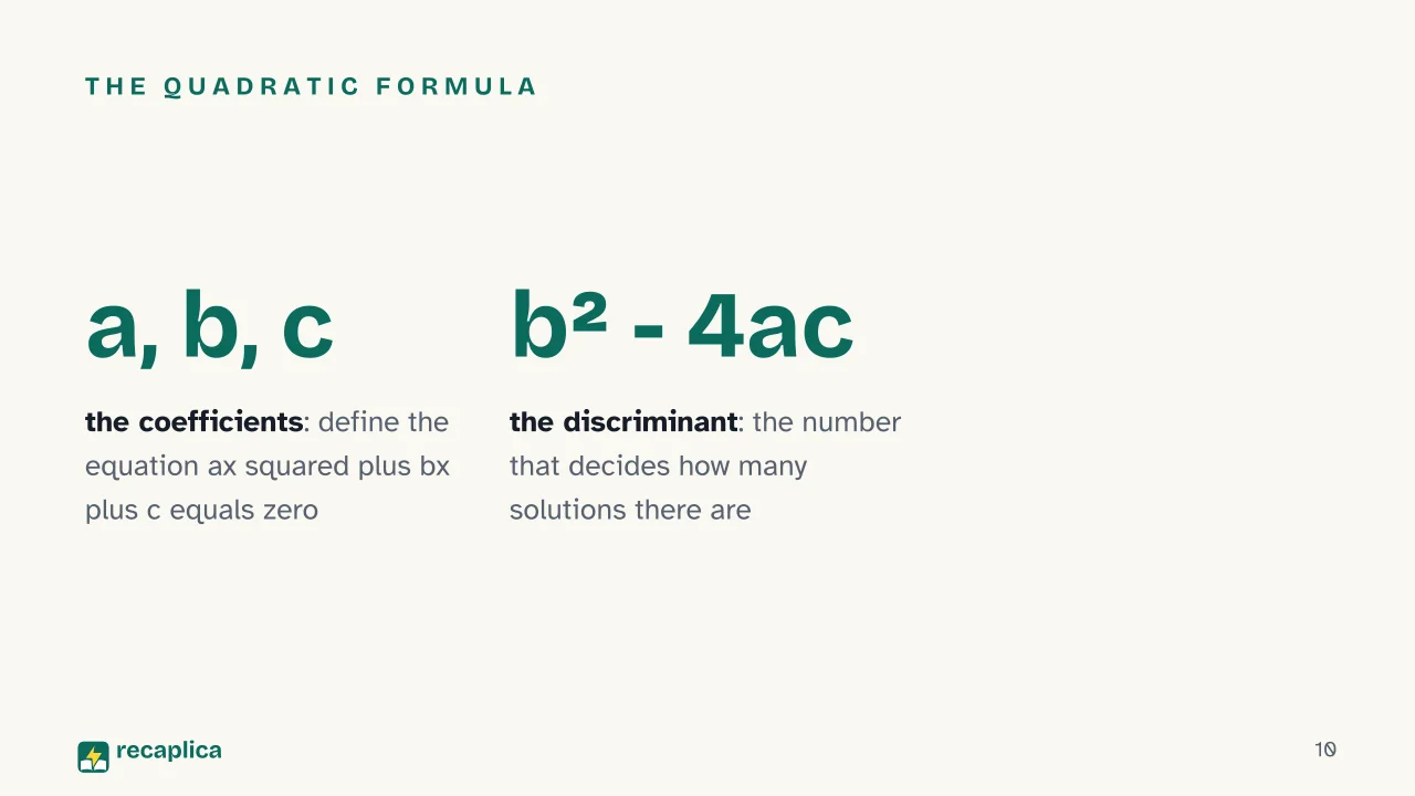 Slide 10 of the presentation on Equation: The quadratic formula