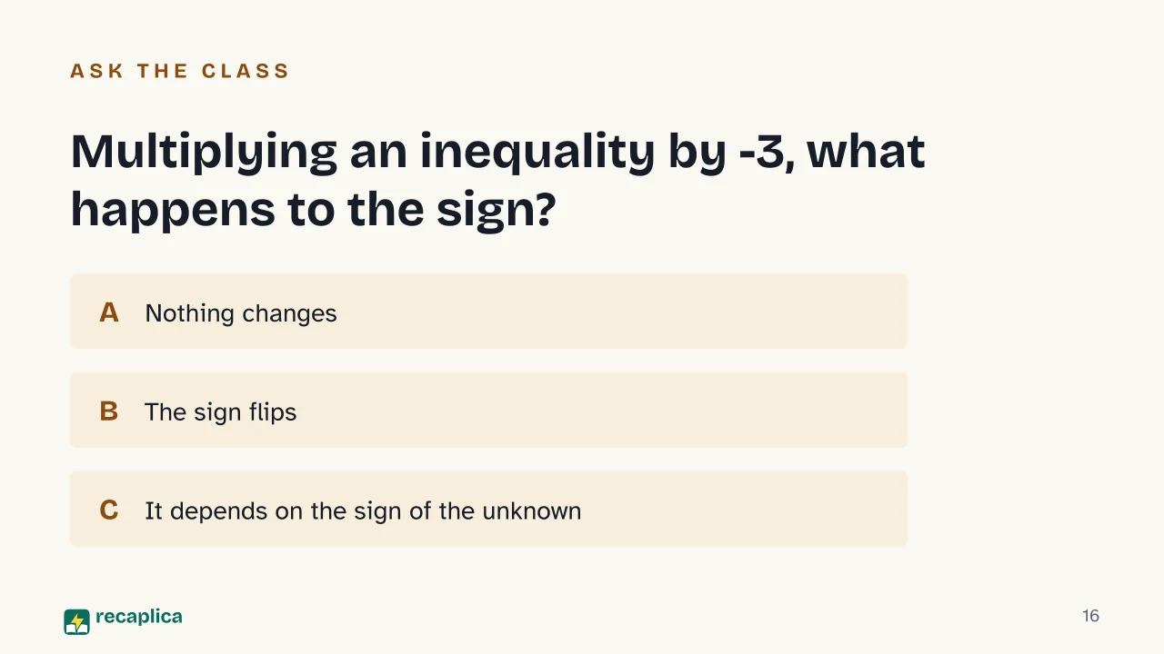 Slide 16 of the presentation on Equation: Multiplying an inequality by -3, what happens to the sign?