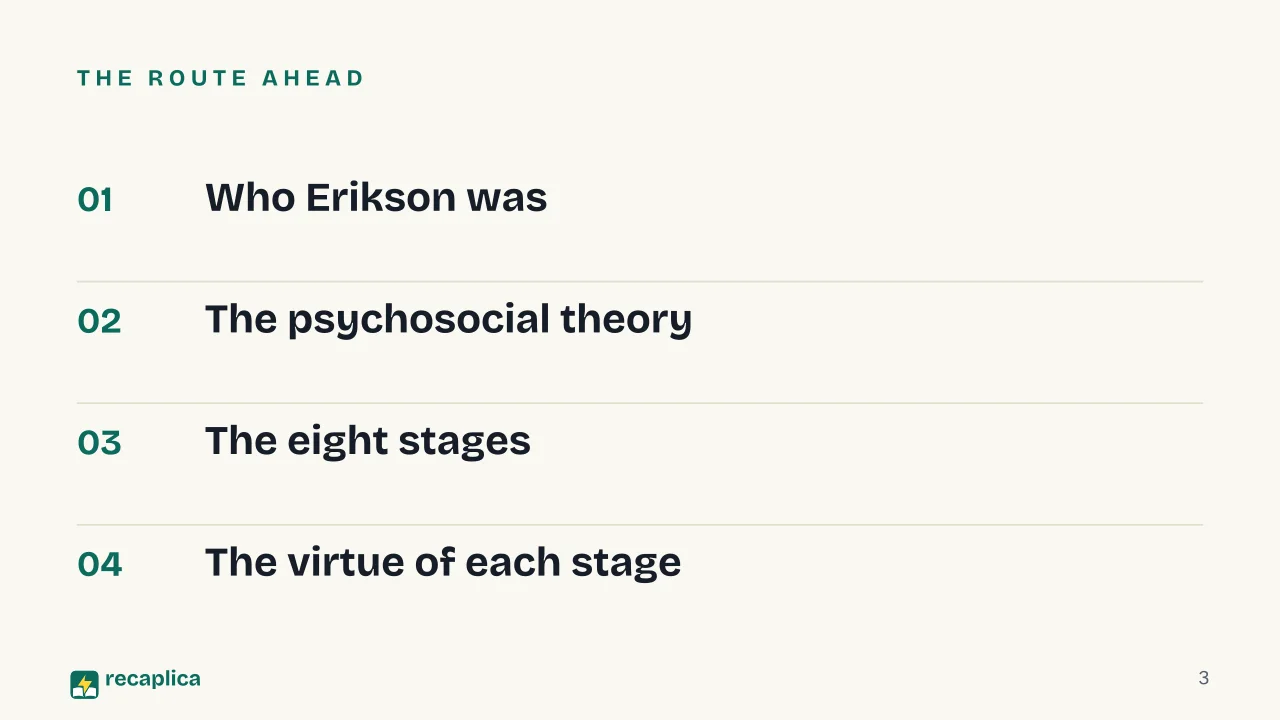 Slide 3 of the presentation on Erikson's Stages of Psychosocial Development: The route ahead