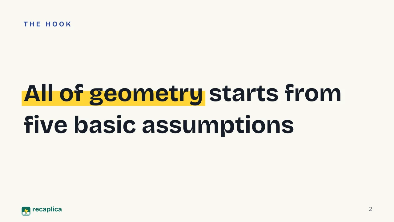 Slide 2 of the presentation on Euclidean Geometry: All of geometry starts from five basic assumptions