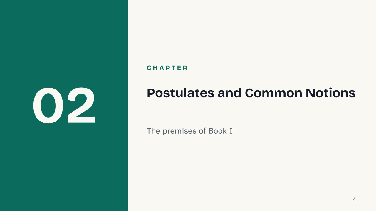 Slide 7 of the presentation on Euclidean Geometry: Chapter 02: Postulates and Common Notions