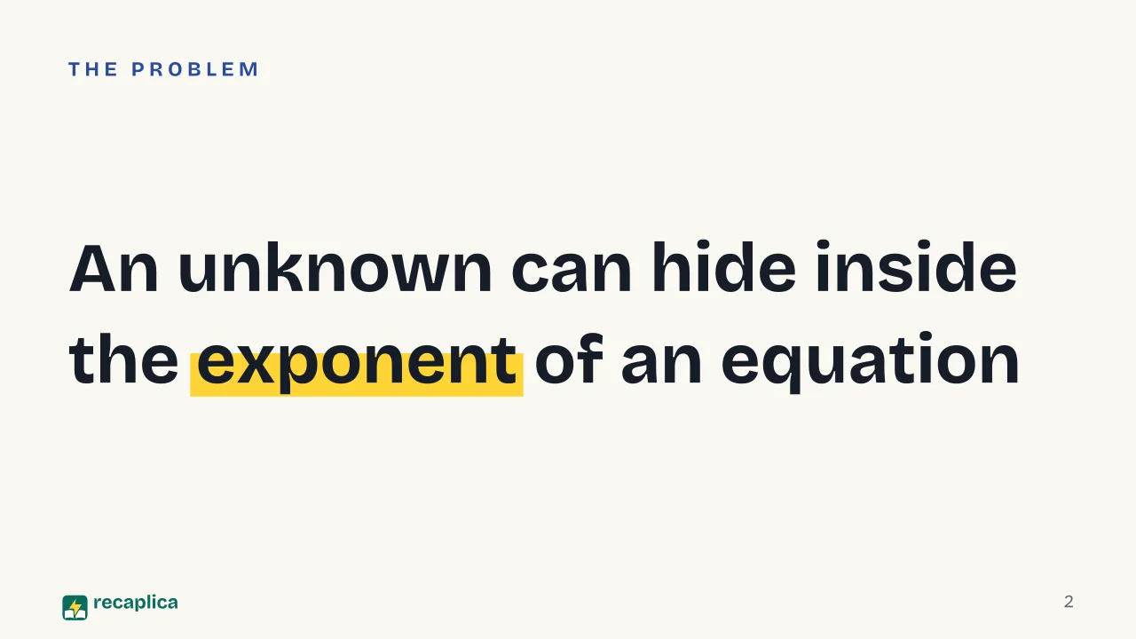 Slide 2 of the presentation on Exponential Equations: An unknown can hide inside the exponent of an equation