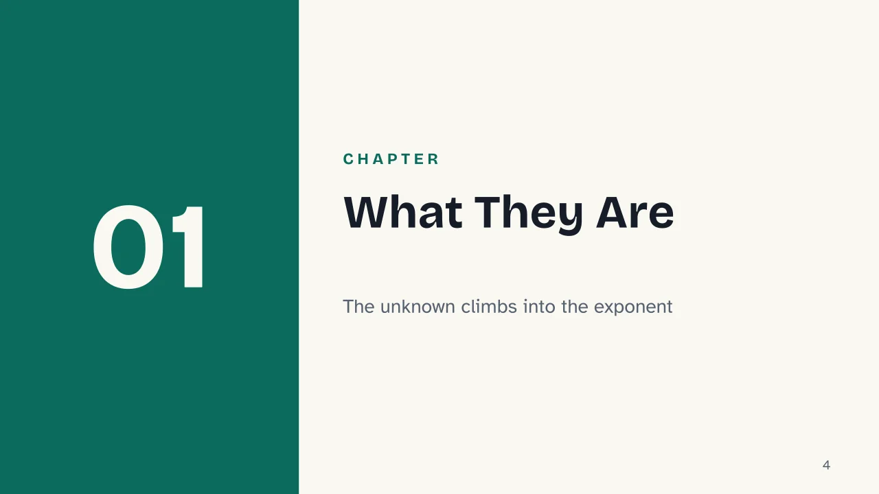 Slide 4 of the presentation on Exponential Equations: Chapter 01: What They Are