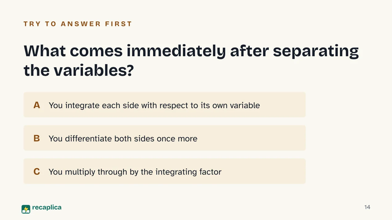 Slide 14 of the presentation on First order differential equations: What comes immediately after separating the variables?