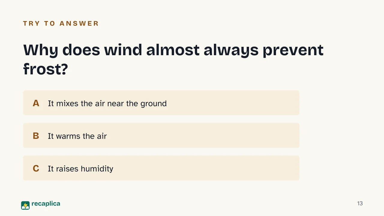 Slide 13 of the presentation on What Is Frost and How Does It Form?: Why does wind almost always prevent frost?