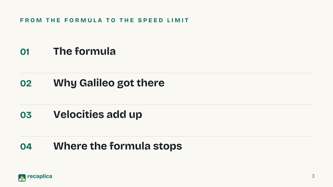 Slide 3 of the presentation on Galilean Transformation: From the formula to the speed limit