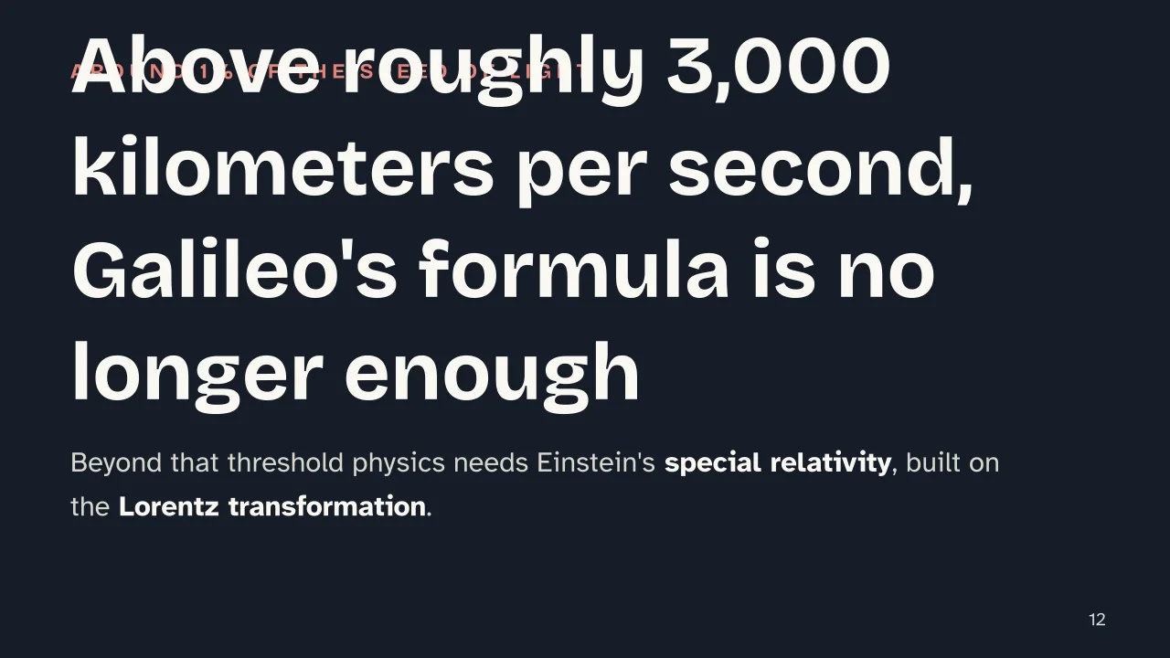 Slide 12 of the presentation on Galilean Transformation: Above roughly 3,000 kilometers per second, Galileo's formula is no longer enough