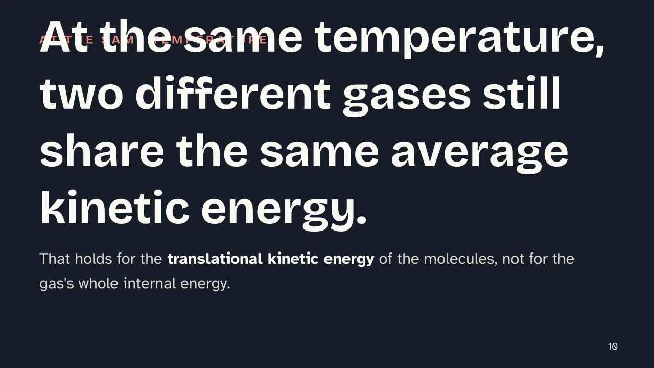 Slide 10 of the presentation on Gas Laws: At the same temperature, two different gases still share the same average kinetic energy.
