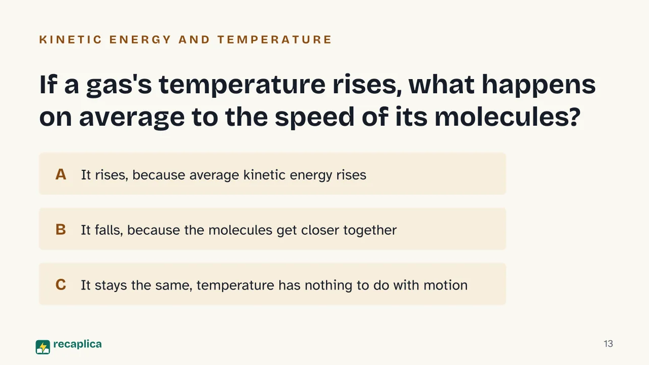Slide 13 of the presentation on Gas Laws: If a gas's temperature rises, what happens on average to the speed of its molecules?