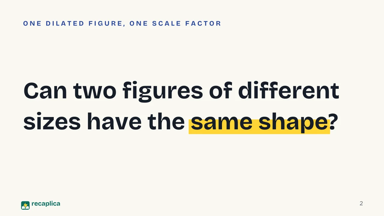 Slide 2 of the presentation on What Is Dilation in Math? Center, Scale Factor, Rules: Can two figures of different sizes have the same shape?