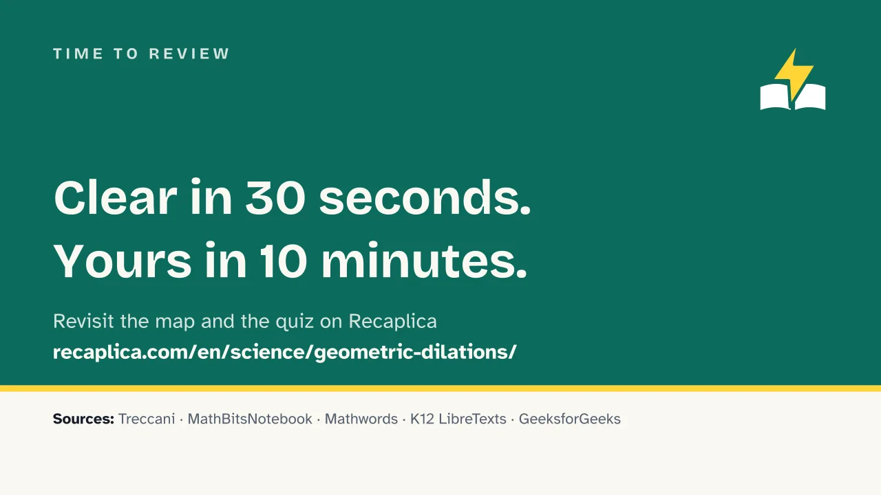 Slide 16 of the presentation on What Is Dilation in Math? Center, Scale Factor, Rules: Time to review