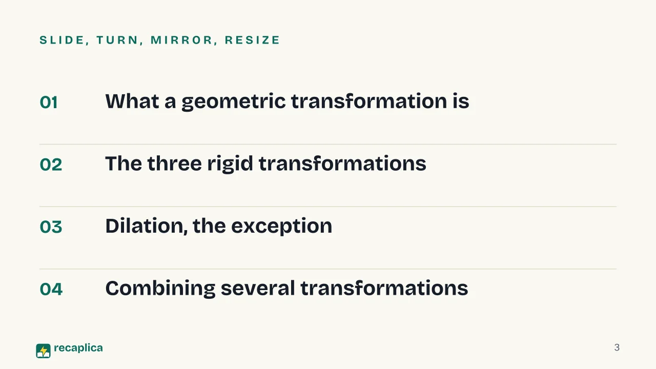 Slide 3 of the presentation on Geometric Transformations: Slide, turn, mirror, resize