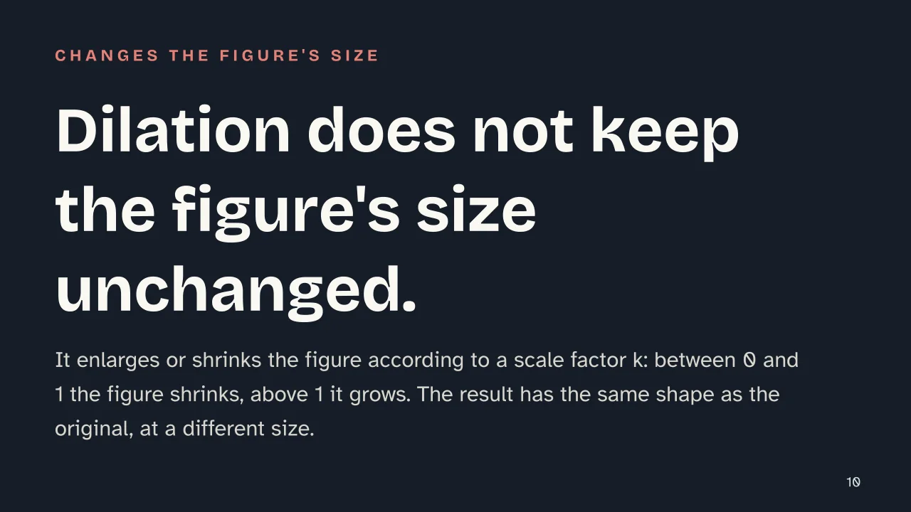 Slide 10 of the presentation on Geometric Transformations: Dilation does not keep the figure's size unchanged.