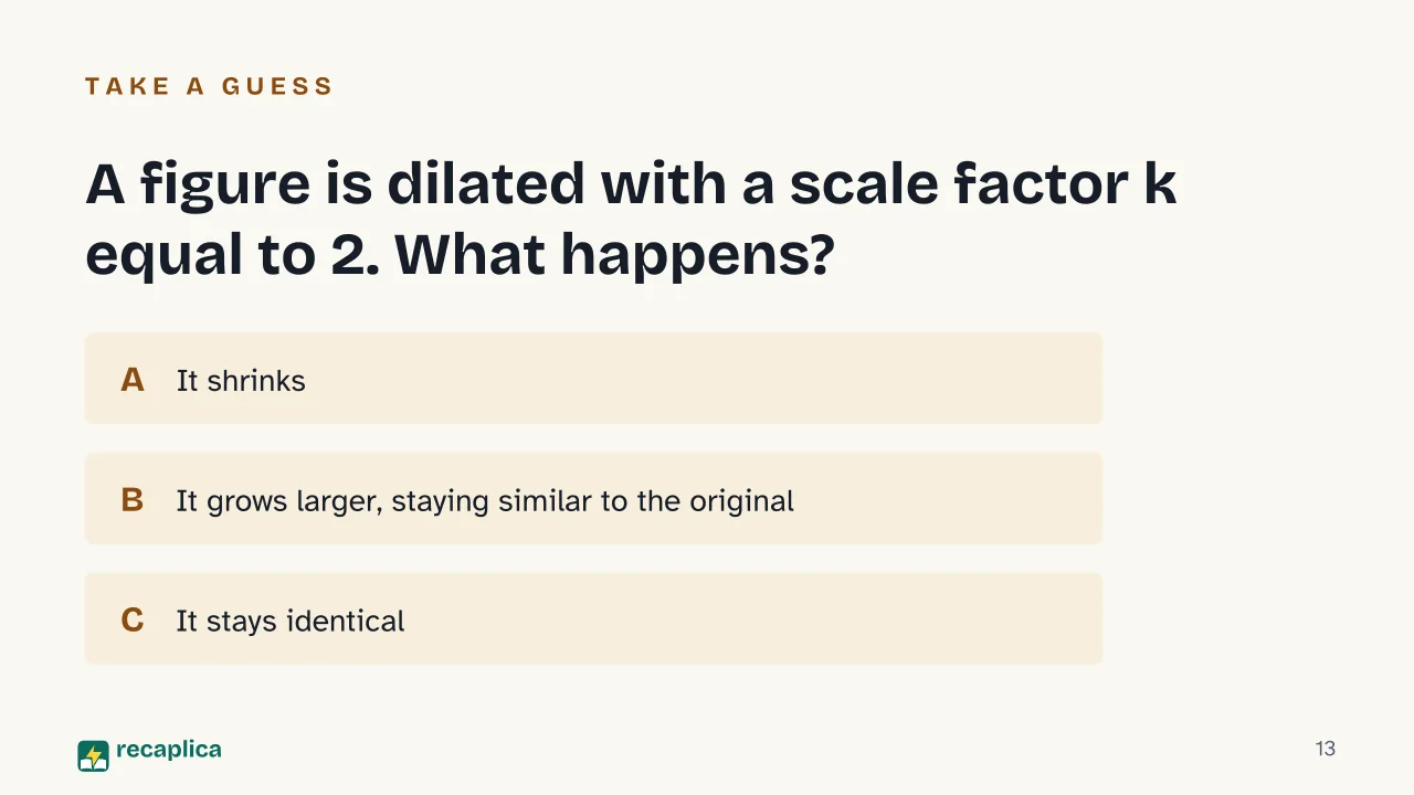 Slide 13 of the presentation on Geometric Transformations: A figure is dilated with a scale factor k equal to 2. What happens?