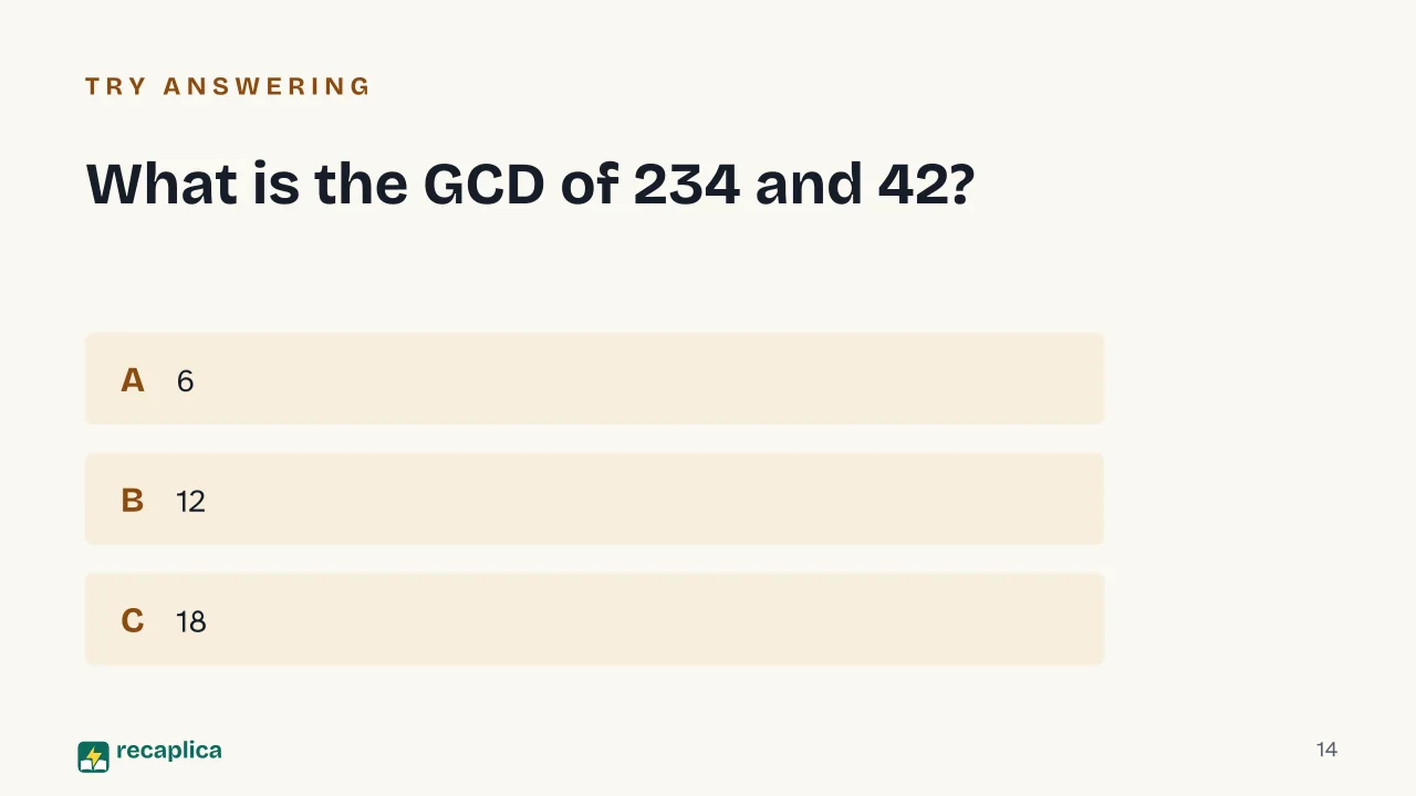 Slide 14 of the presentation on Greatest Common Divisor: What is the GCD of 234 and 42?