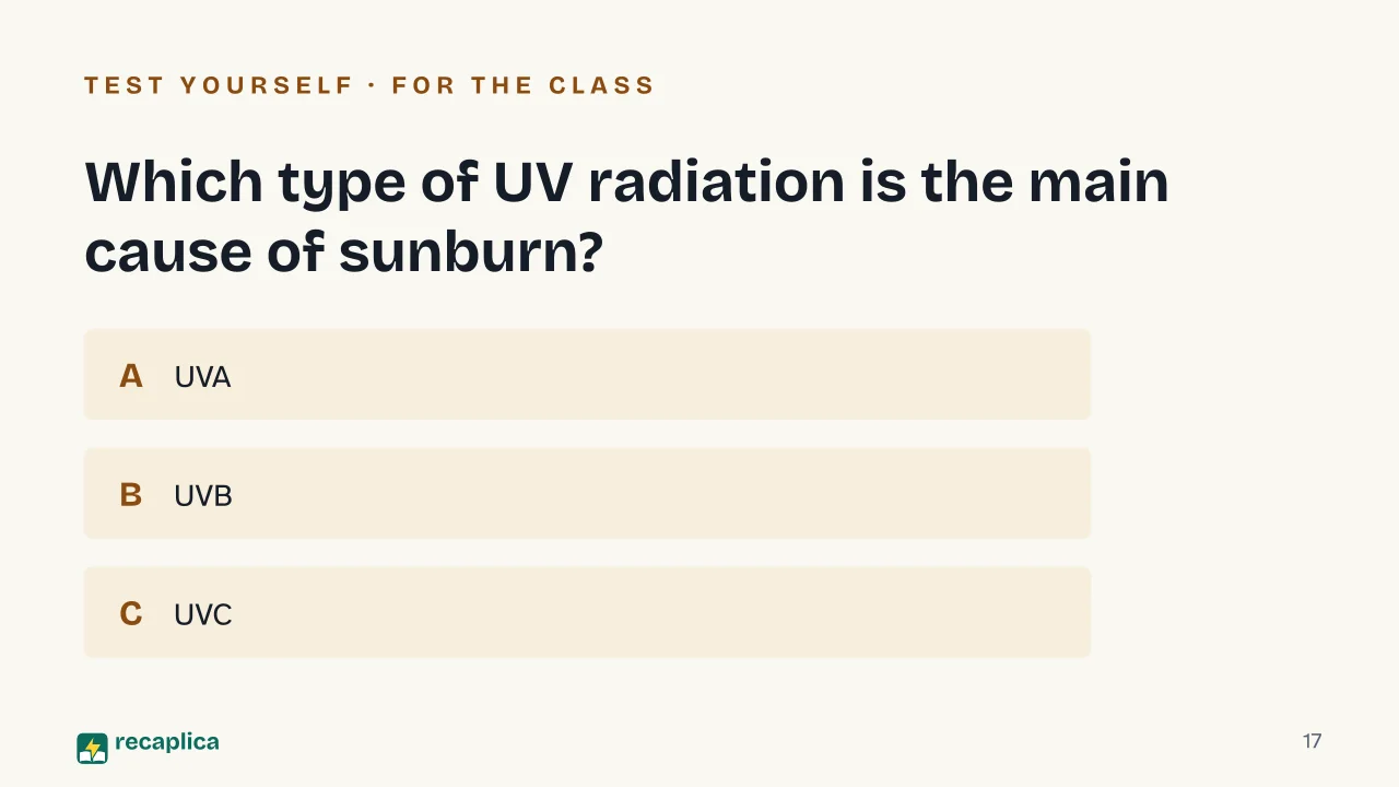 Slide 17 of the presentation on How Tanning Works: Which type of UV radiation is the main cause of sunburn?