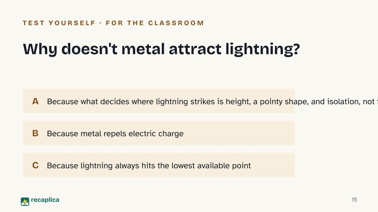 Slide 15 of the presentation on How Thunderstorms Form: Why doesn't metal attract lightning?