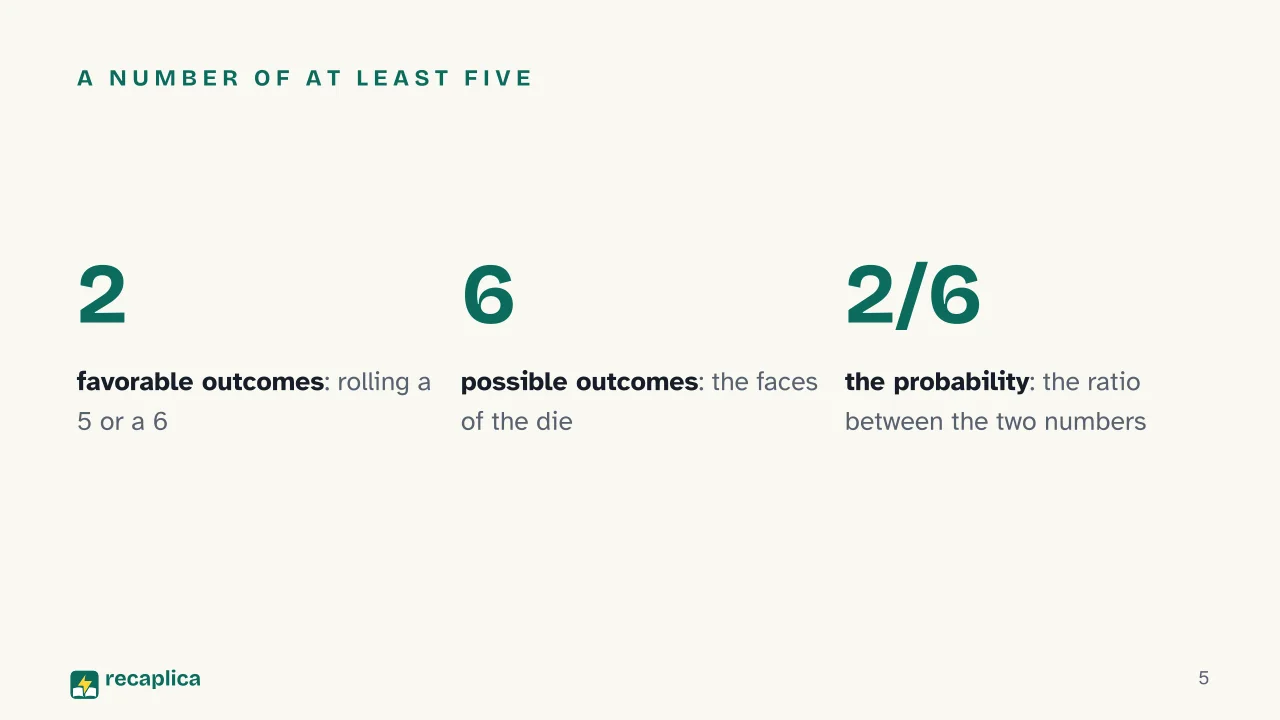 Slide 5 of the presentation on How to Calculate Probability: A number of at least five