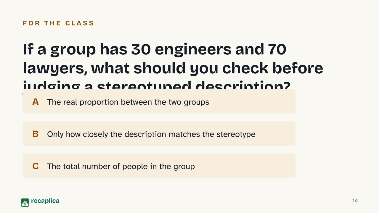 Slide 14 of the presentation on How to Calculate Probability: If a group has 30 engineers and 70 lawyers, what should you check before judging a stereotyped description?
