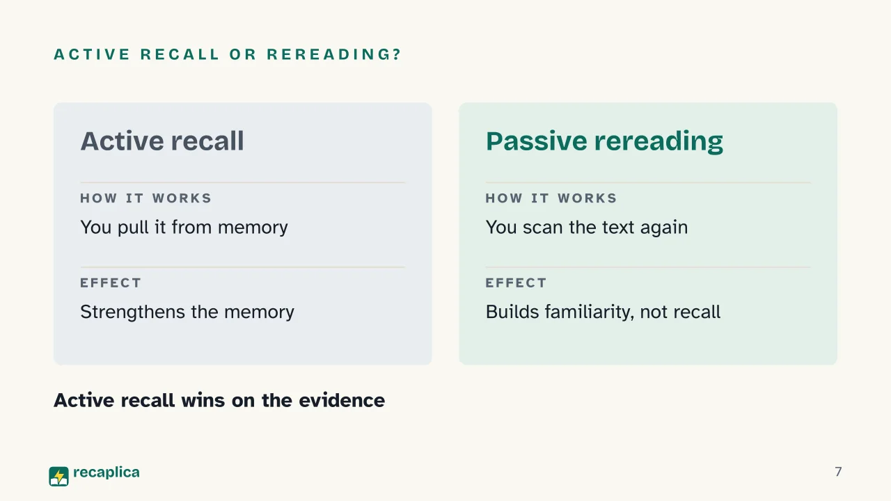 Slide 7 of the presentation on How to Study Effectively: Active recall or rereading?